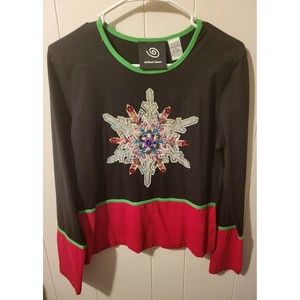 Michael Simon Sequined Beaded Net Snowflake T-Shirt Size M Black & Red Christmas